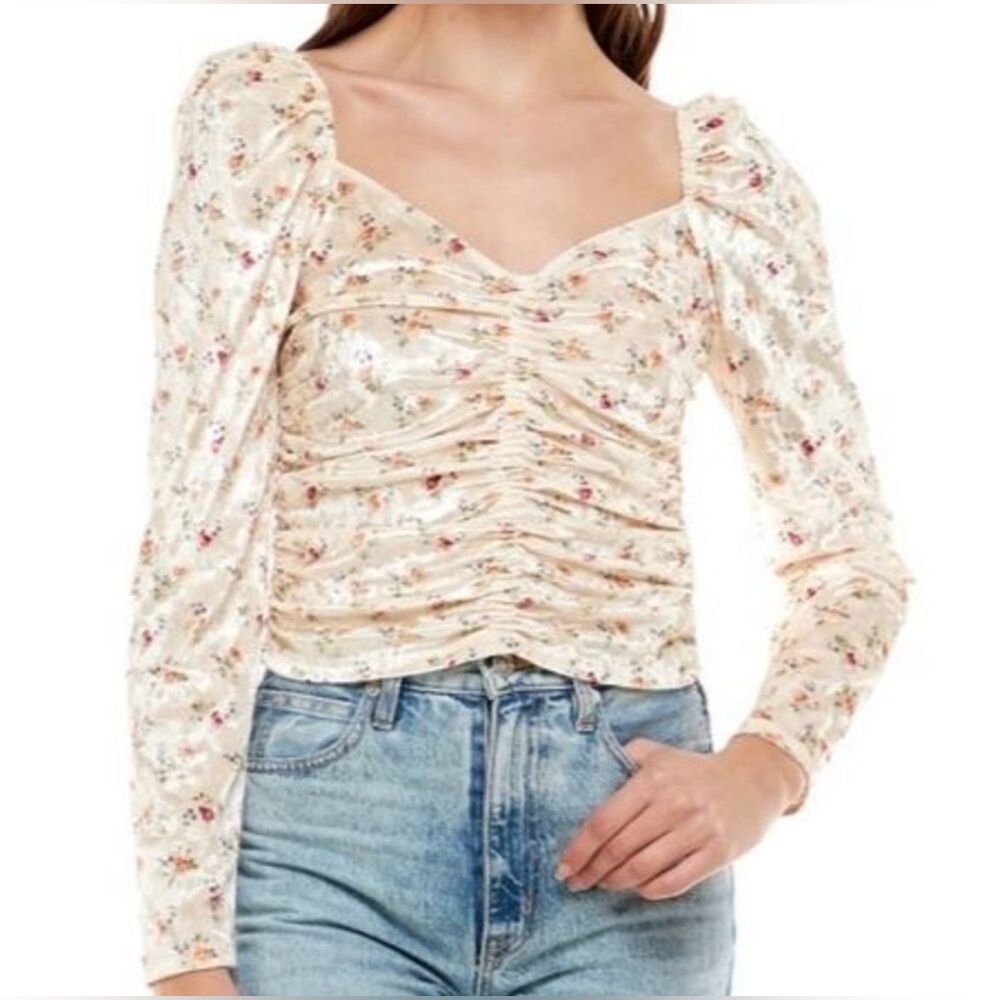 WAYF Heartbreaker Blouse Floral Ruched Velvet Top - Cream M